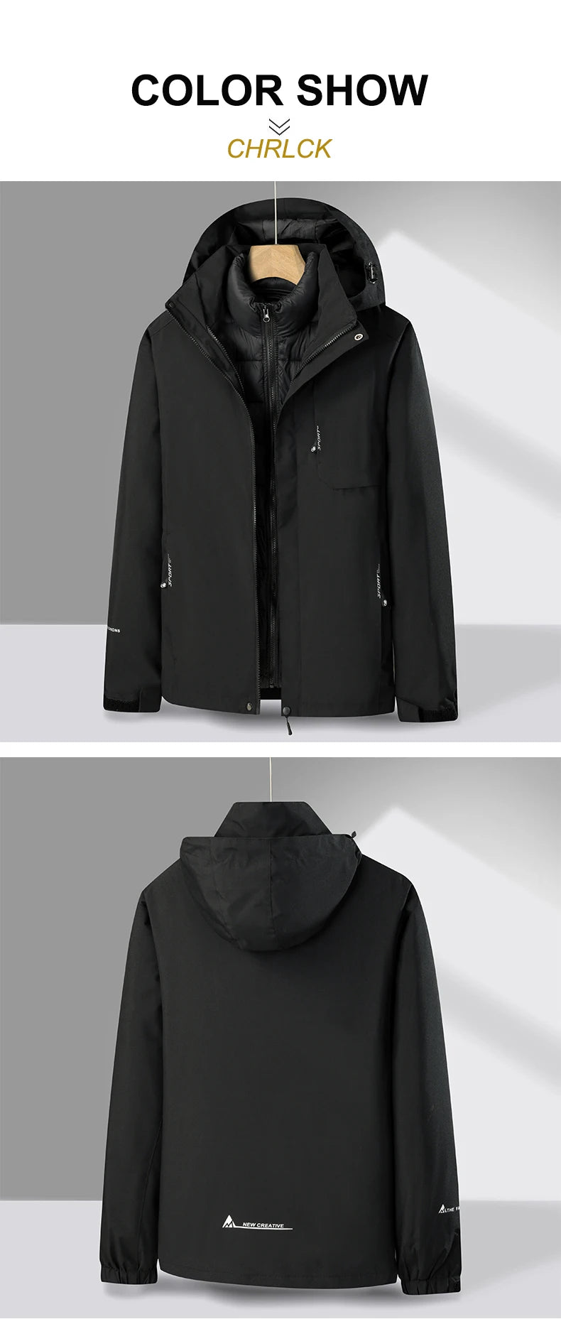 Men's 3 In 1 Thick Hiking Jacket Down Cotton Waterproof Winter Windbreaker Outdoor Warm Camping Jacket Windproof Coat