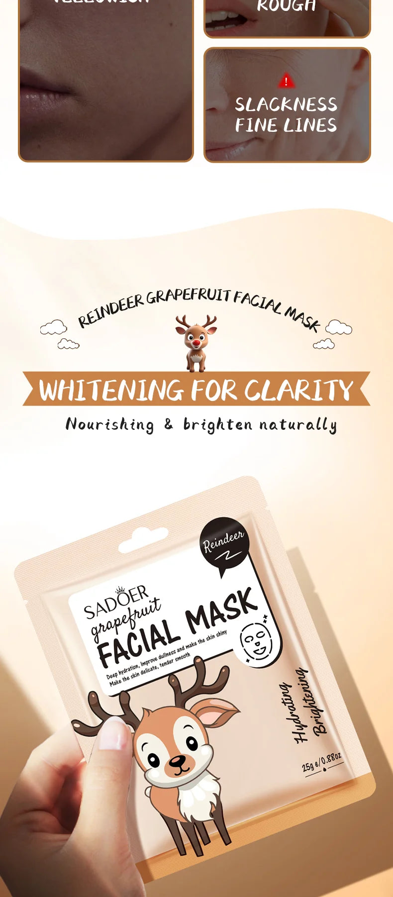 5pcs SADOER Cartoon Fresh Fruit Facial Masks Moisturizing Soothing Brightening Hydrating Face Mask for Facial Skin Care