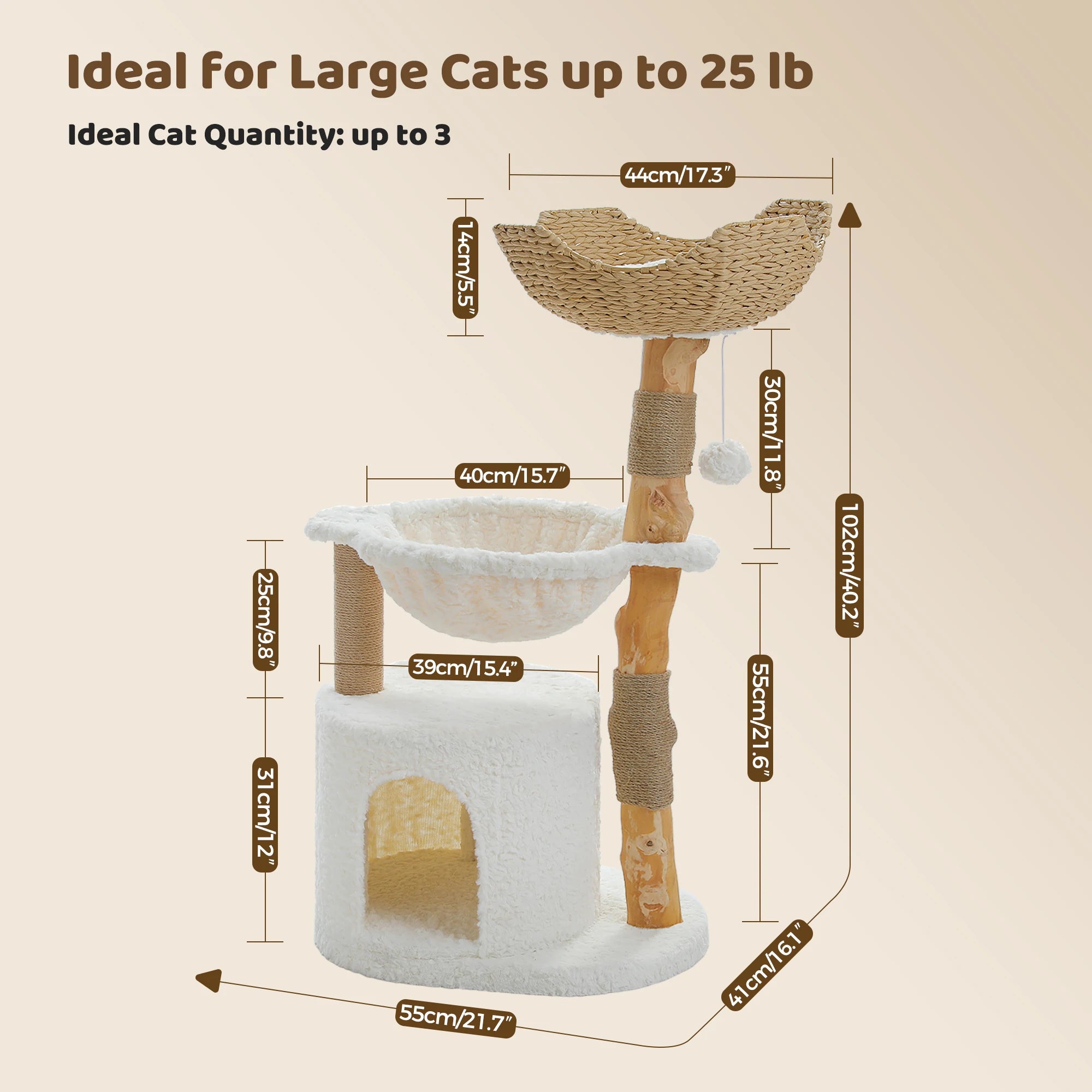 Modern Cat Tree, Natural Wood Cat Tower with Large Wicker Basket, Spacious Condo, Deep Hammock, Luxury Cat House Bed for Indoor