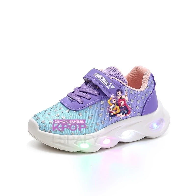 Kpop Demon Hunter LED Light Up Shoes 2026 Spring Autumn Mesh Soft Sole Cartoon Sneakers for Baby Girls Toddlers