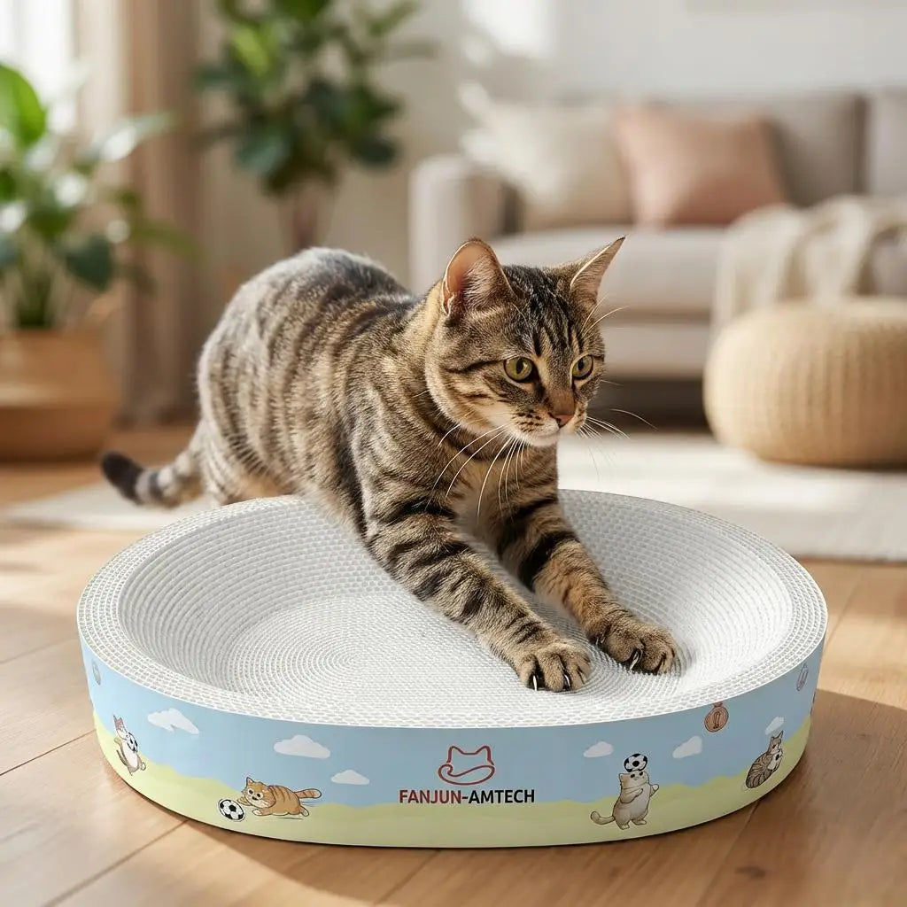 Large oval cat scratcher bed by I YAN with corrugated lounge and anti-slip base, perfect for feline lounging and scratching.