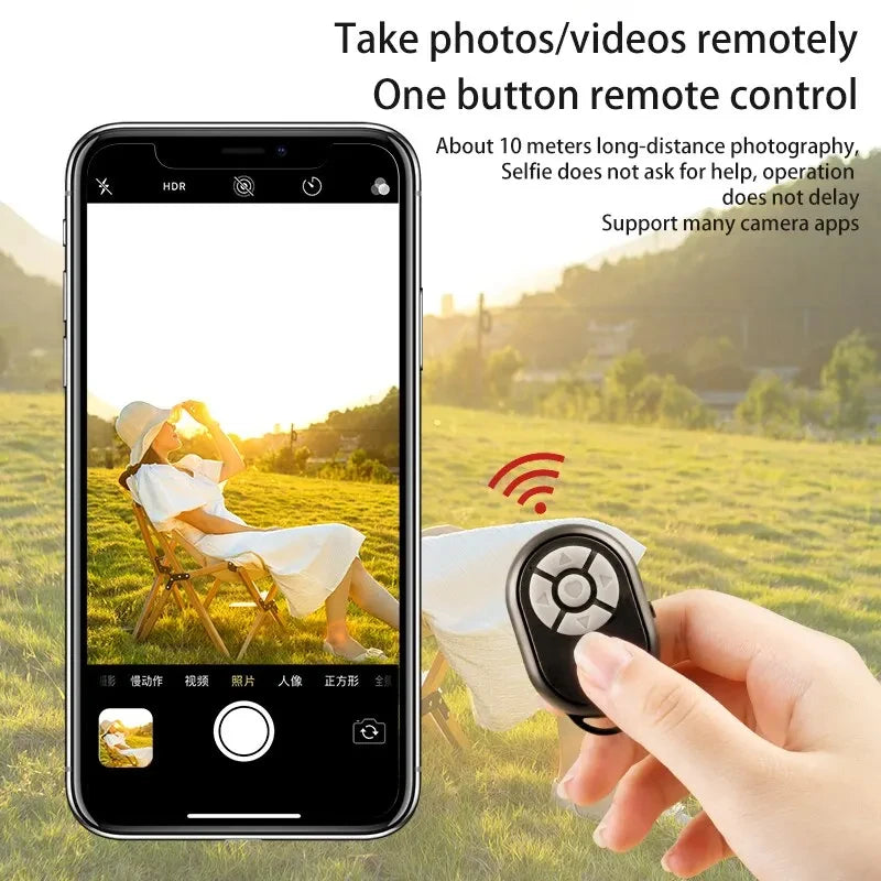 I YAN Bluetooth remote control for iPhone, Xiaomi, iOS, Android phones, used for selfies and camera control.