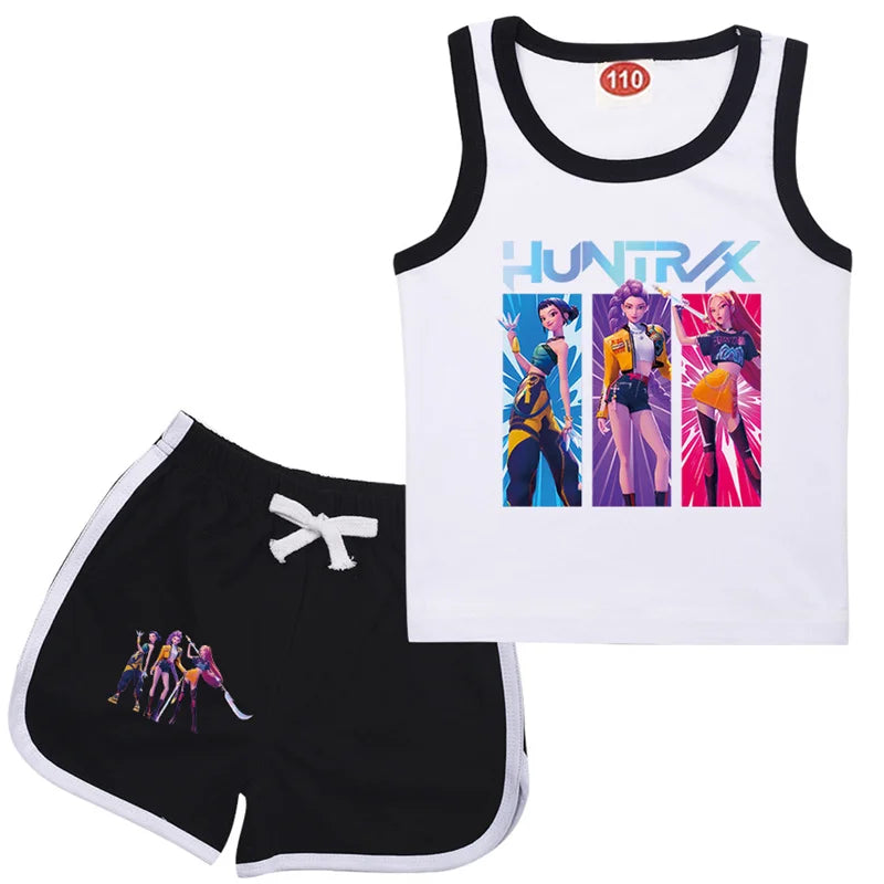 KPop Demon Hunters Rumi Teens Clothes Summer T shirt Baby Girls Sleeveless Vest Top Shorts 2pcs Set Children Clothing 1-13 Years