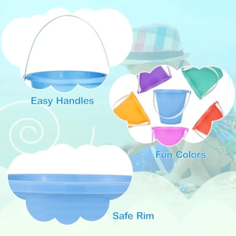 I YAN 5-inch sand beach buckets with shovels set, perfect for summer beach fun, includes 24 colorful pails and shovels.