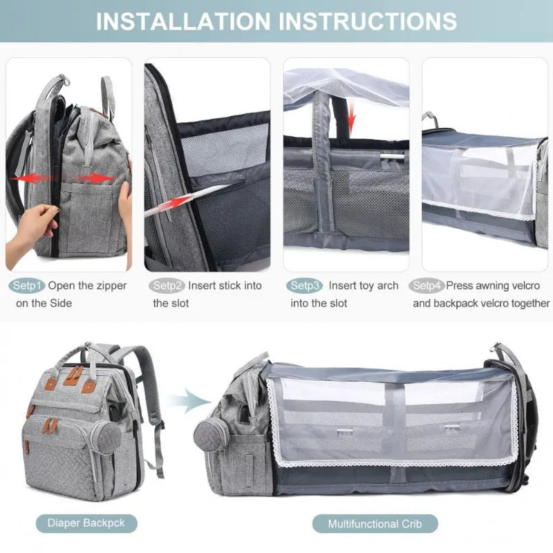 5In1 Diaper Bag Backpack Foldable Baby Bed Waterproof Bag with USB Charge Nappy Stroller Bag with Changing Bed 3Types for Travel