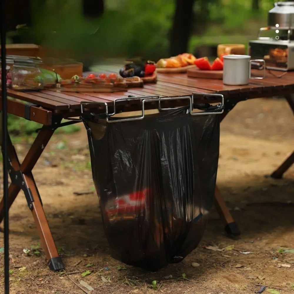 Portable Stainless Steel Camping Trash Holder - Foldable Table Stand for Picnic, BBQ & Outdoor, Eco-Friendly Garbage Bag Rack