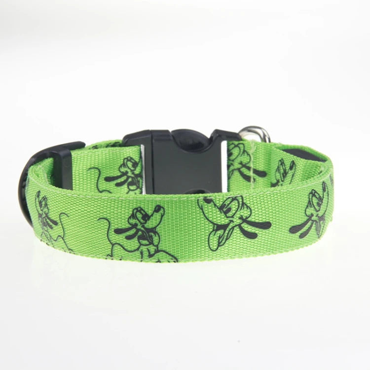 LED dog collar by I YAN with glowing luminous nylon strap, designed for nighttime safety and visibility for pets.