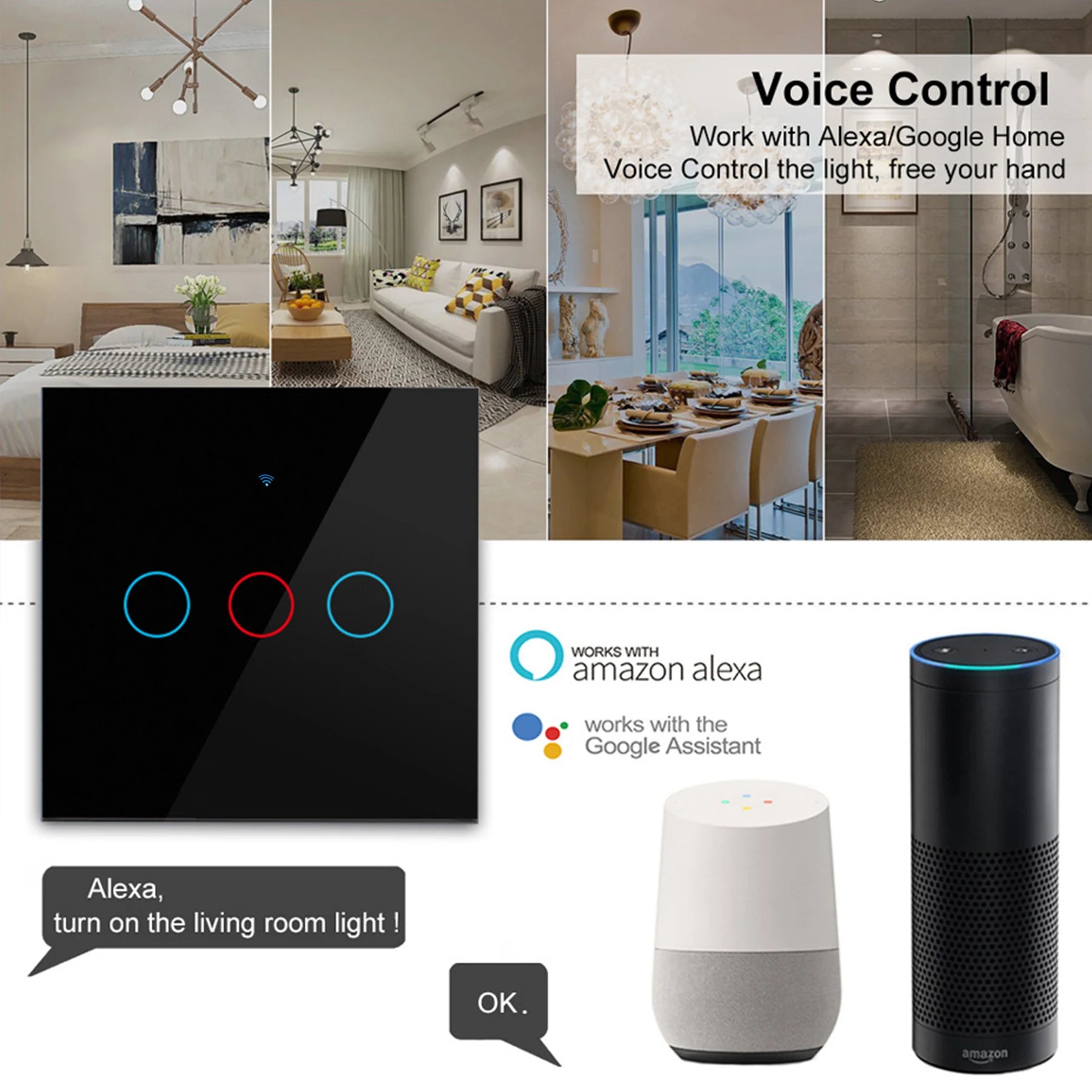 AXUS EU WiFi Smart Light Switches Touch Switch RF433 No Neutral Wire Smart Home Life Tuya App Control Support Alexa Google Home