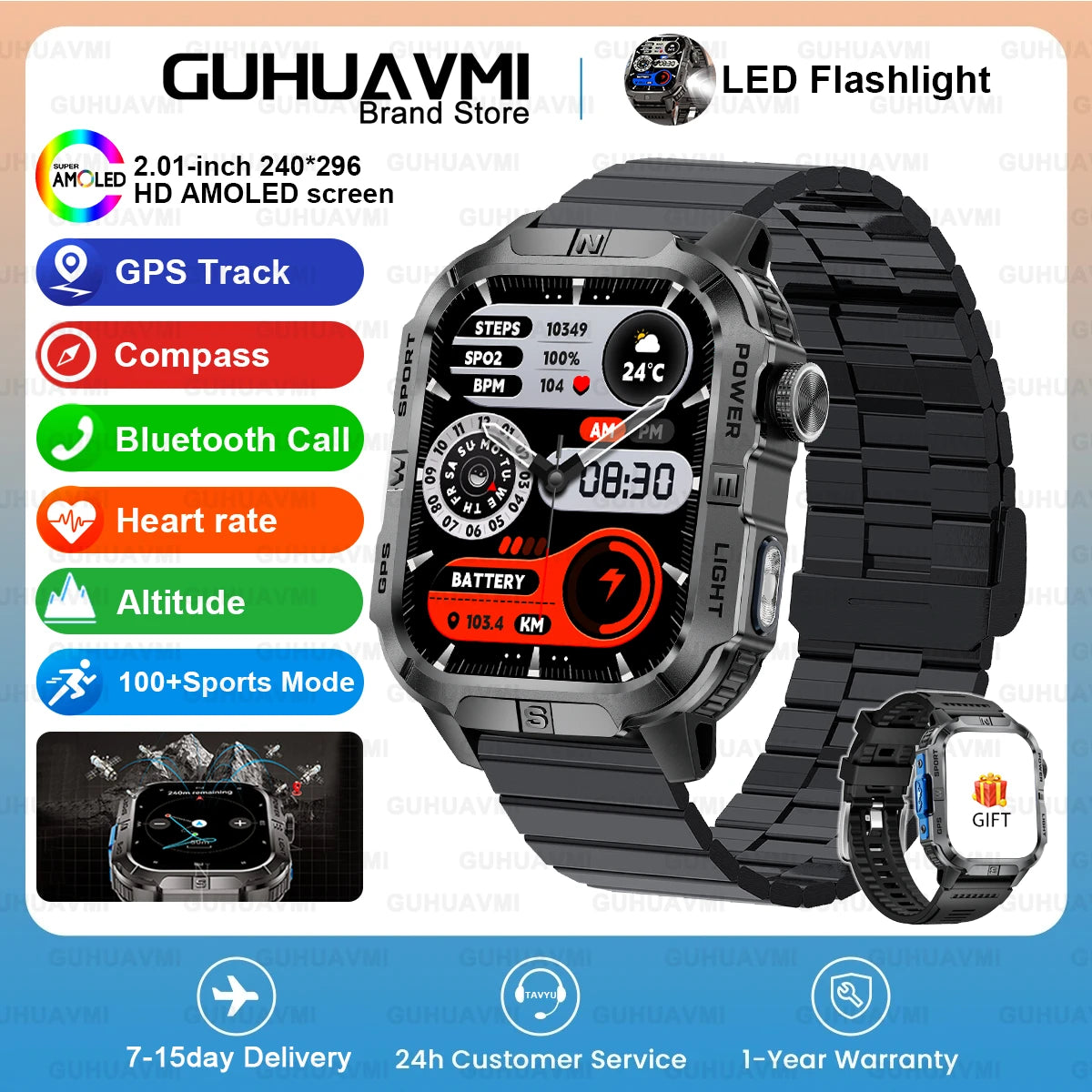 New Dual-Band Satellite GPS Smart Watch Men 2.01'' HD Screen Compass Military Flashlight Watches Waterproof Swim Smart Bracelet