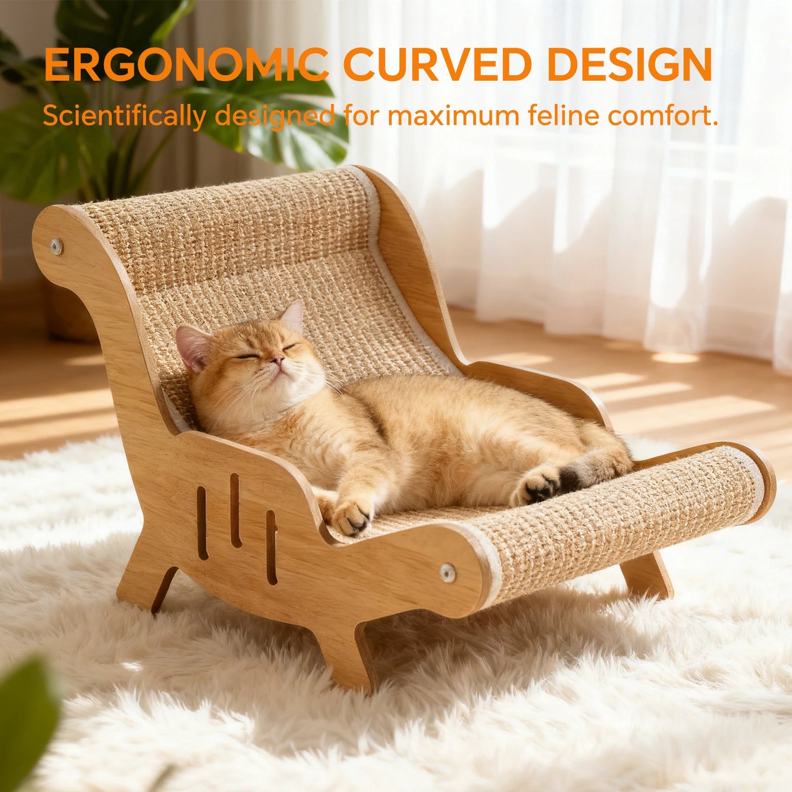 2 in 1 Wooden Cat Scratcher Bed, Multifunctional Cat Recliner Scratching Board with Replaceable Wear Resistant Scratch Pad, Stable Cat Lounge Furniture for Kitten Resting Grinding Claws