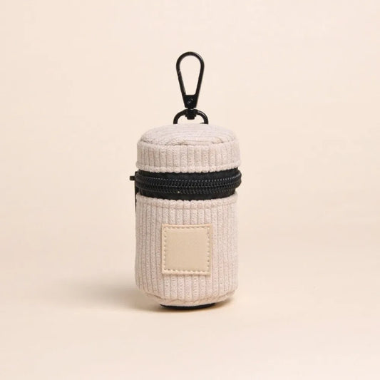 Colorful corduroy dog poop bag dispenser by I YAN with zipper and hanging loop, ideal for walking and organizing pet waste bags.