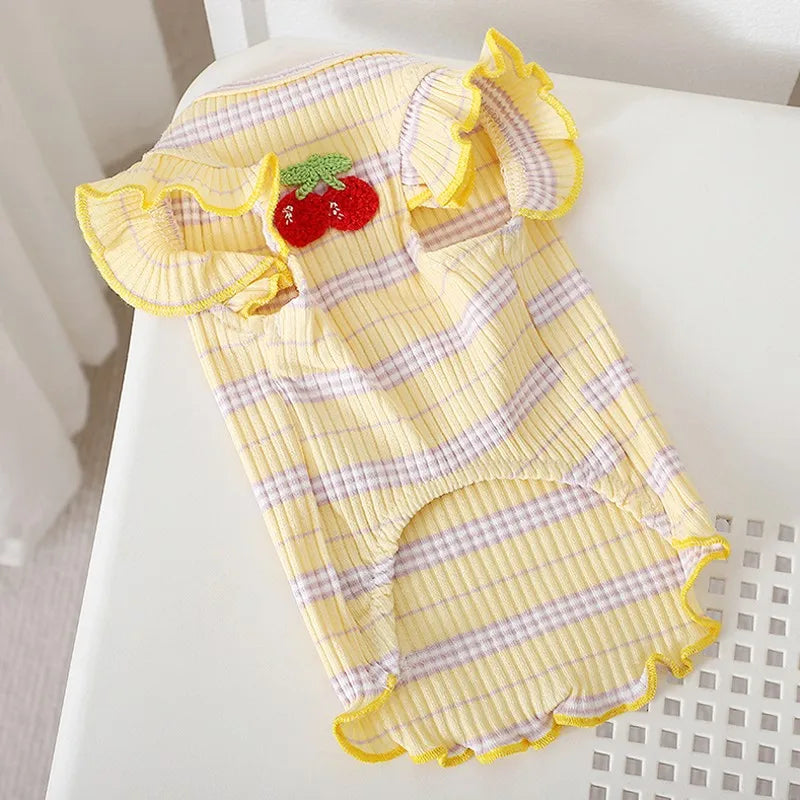 Cooling summer dog vest with strawberry and floral print for puppies, featuring suspenders, ideal for small breeds like Chihuahua and Bichon.