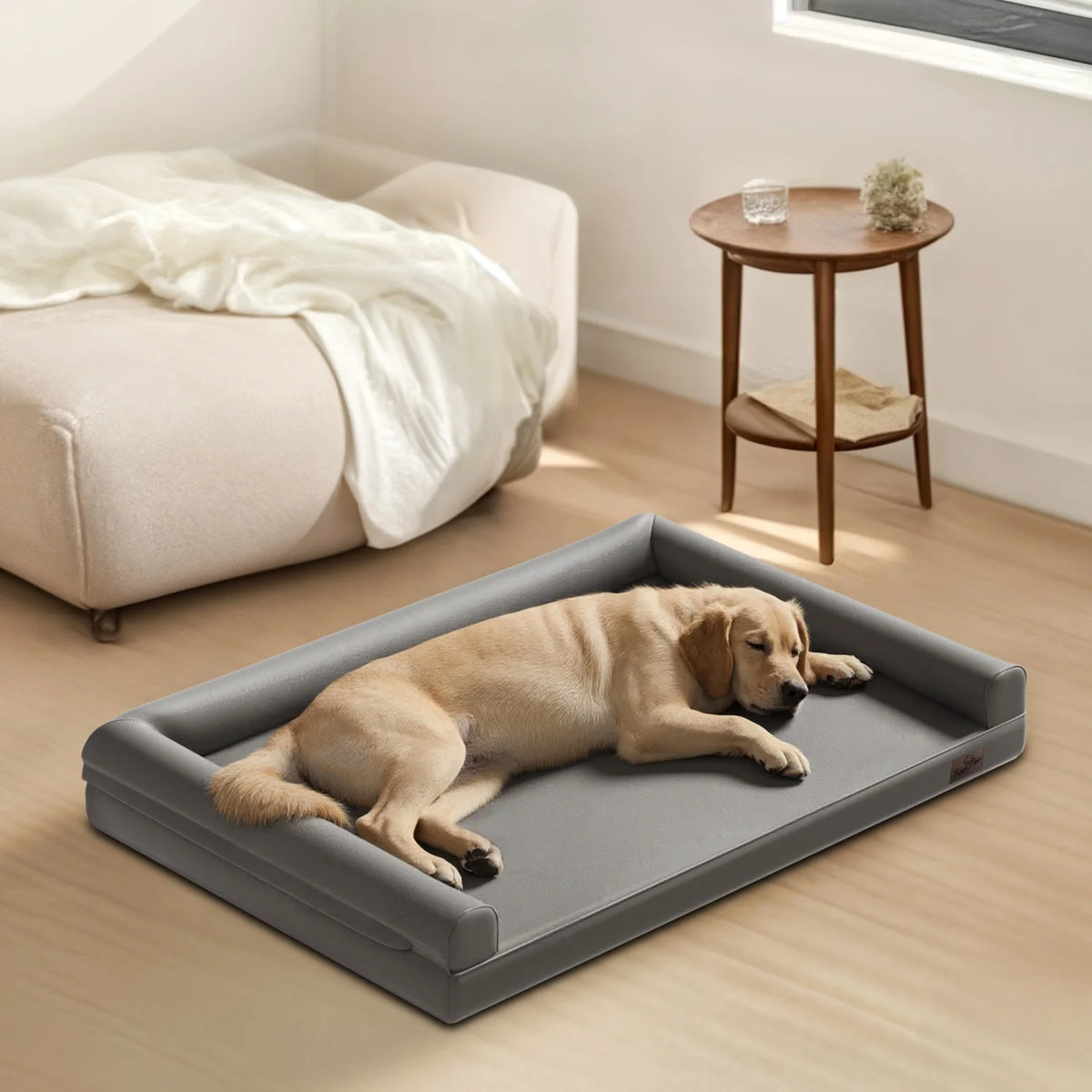 I YAN M-2XL indoor orthopedic dog bed with microfiber leather cover, supportive bolster pillow for all breed pet lounging comfort.