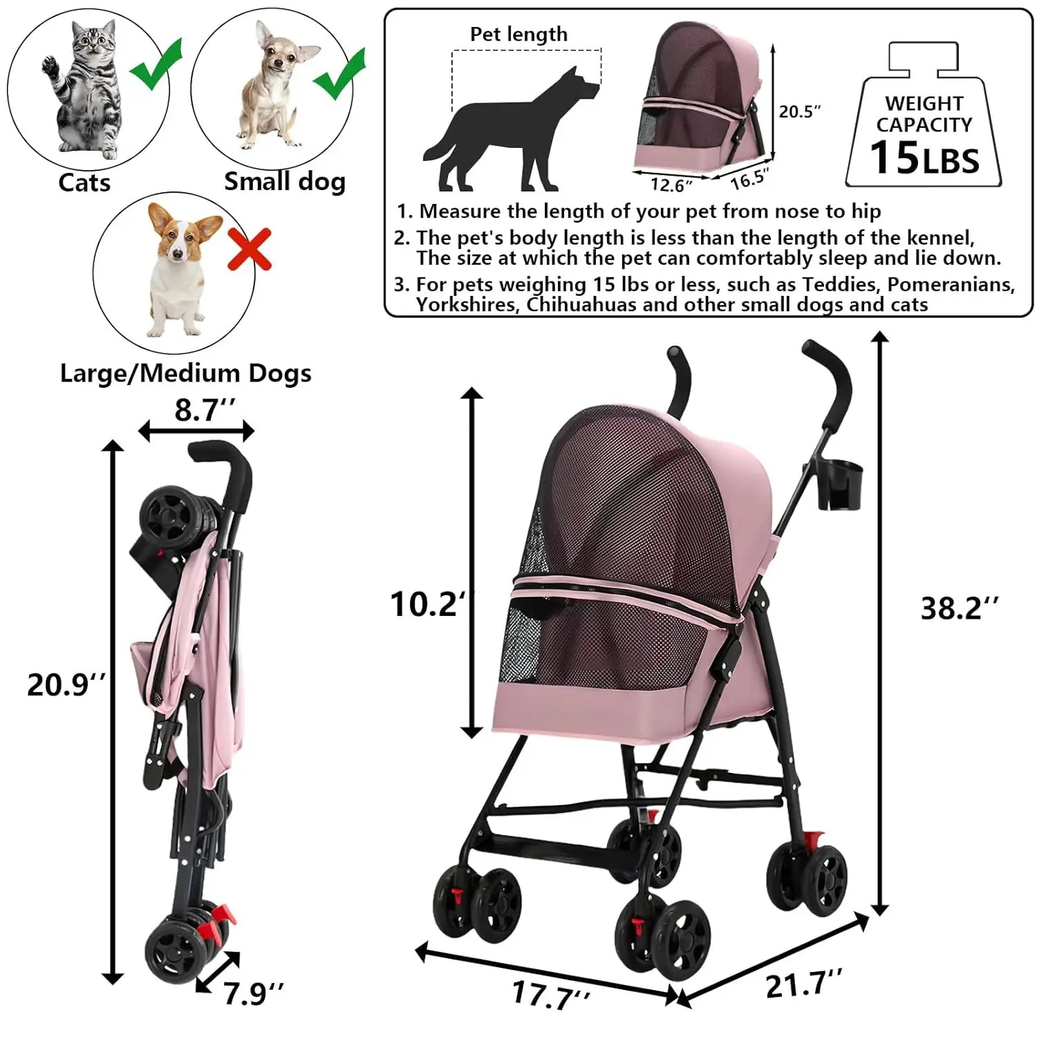 Small Pet Walks! Pink 4-Wheel Foldable Dog Stroller for 0-15 lbs Pets, Cup Holder, Breathable Mesh