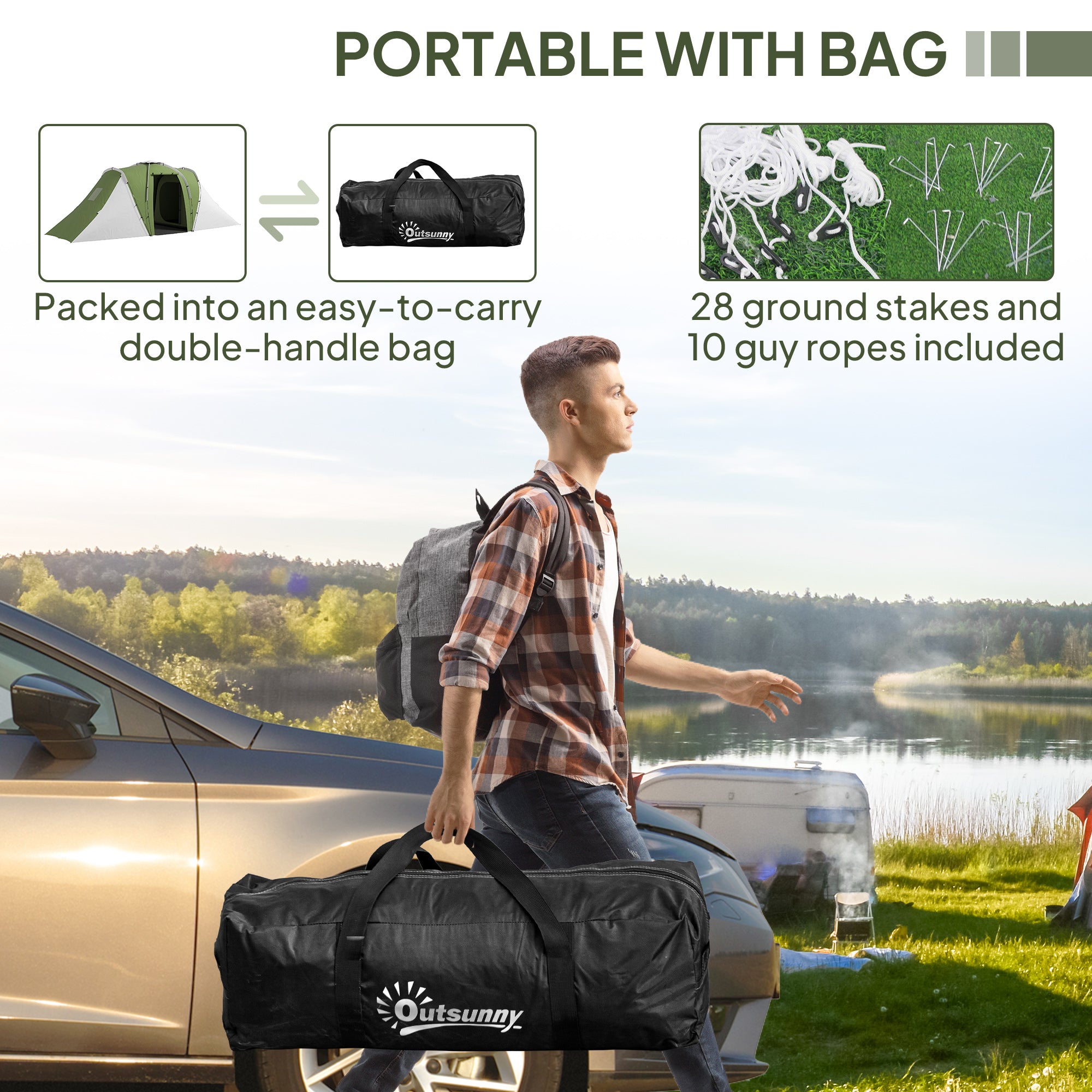 Outsunny 4-6 Man Tunnel Tent with 2 Bedroom and Living Area, Large Camping Tent, 2000mm Waterproof, Portable with Bag