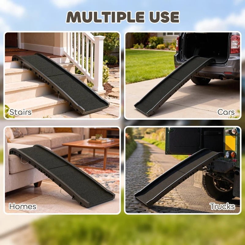 I YAN foldable dog car ramp, 61-inch extra-long gentle slope for SUVs and high beds, shown in a folded position on a vehicle.