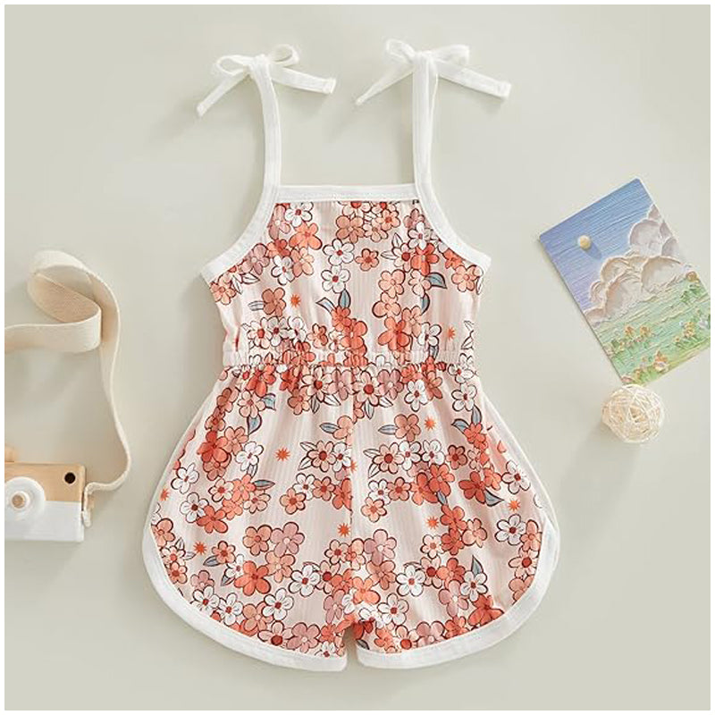 Toddler floral jumpsuit by I YAN featuring tie-up suspenders and matching shorts, displayed on a child with a colorful background.