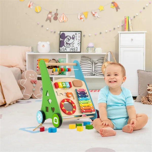 Wooden baby walker by I YAN with 7+ activities including xylophone, shape sorter, and mirror for children 3+ years old.
