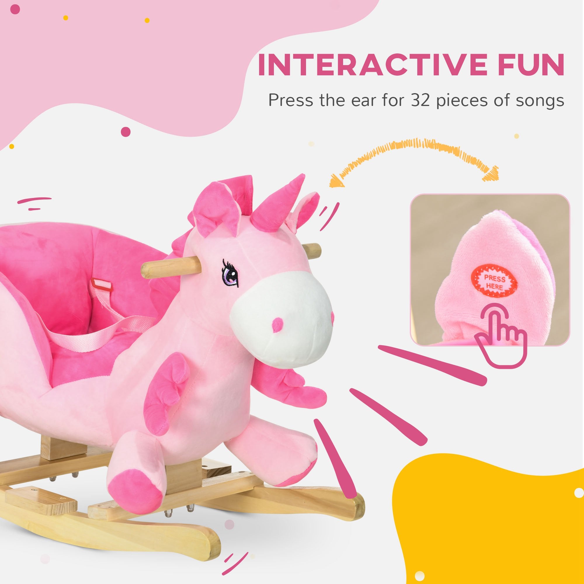 Pink baby rocking horse unicorn ride-on toy by I YAN with seatbelt and cheerful design, featuring 32 built-in songs.