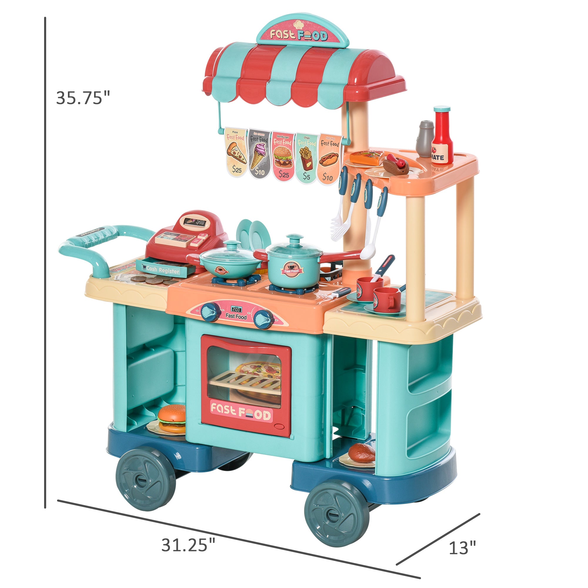 Kids I YAN kitchen food stand with play food, cashier register, and accessories for children aged 3-6, fun pretend play setup.