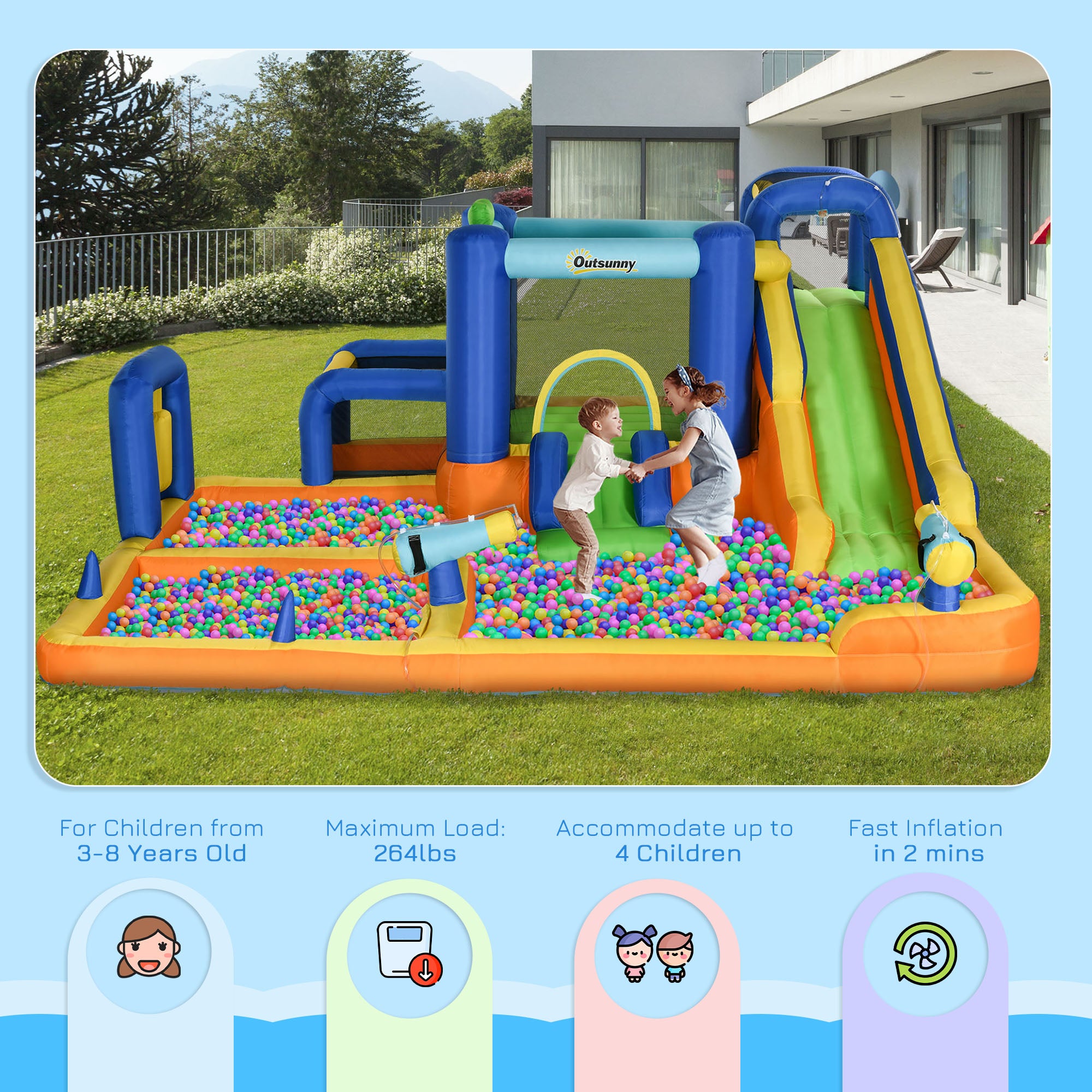 Colorful 7-in-1 water slide with pool, climbing wall, water cannon, basketball hoop, boxing post, and football stand for kids.
