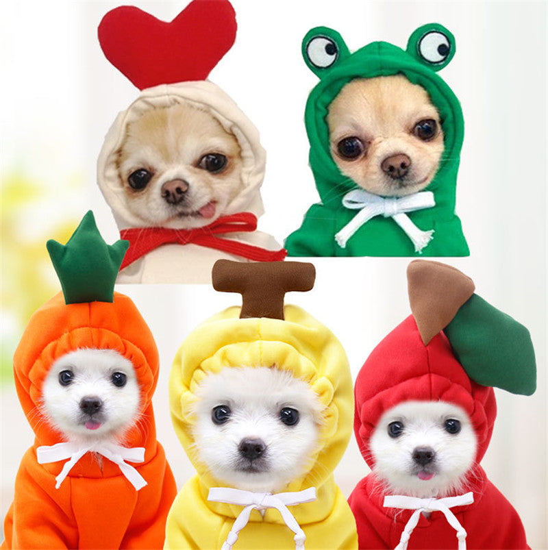 Cute fruit-themed fleece hoodie for small dogs and puppies, featuring colorful fruit designs, perfect for winter warmth and French Chihuahuas.