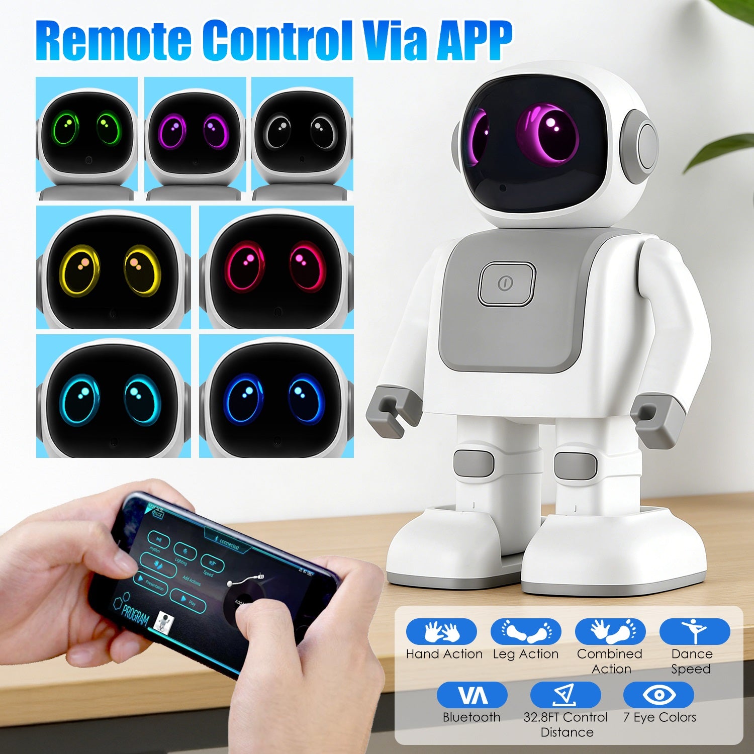 I YAN AI dancing robot toy with Bluetooth music, voice assistant, and colorful LED lights, capturing its playful design and features.