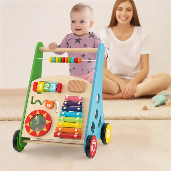 Wooden baby walker by I YAN with 7+ activity features including xylophone, shape sorter, and mirror for children 3+ years old.