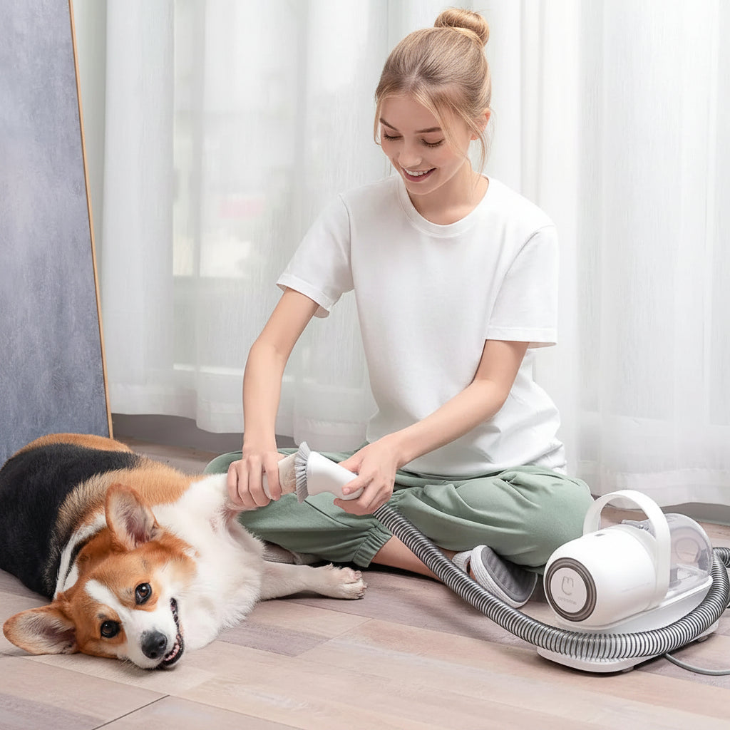 I YAN G2 Pet Grooming Kit with hair vacuum, smart clipping and suction system, showing the grooming tools and vacuum in use.