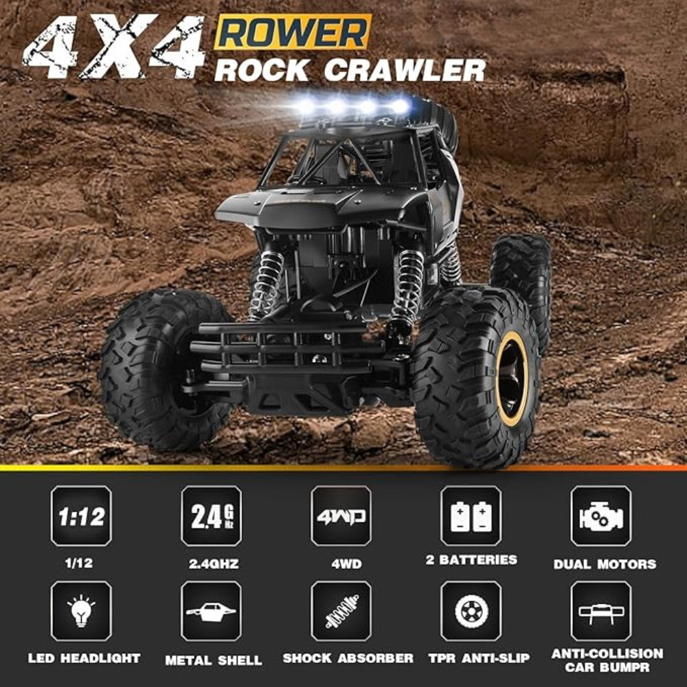 I YAN RC off-road rock crawler truck with metal shell, LED headlights, 4WD, rechargeable battery, remote control, and rugged tires.