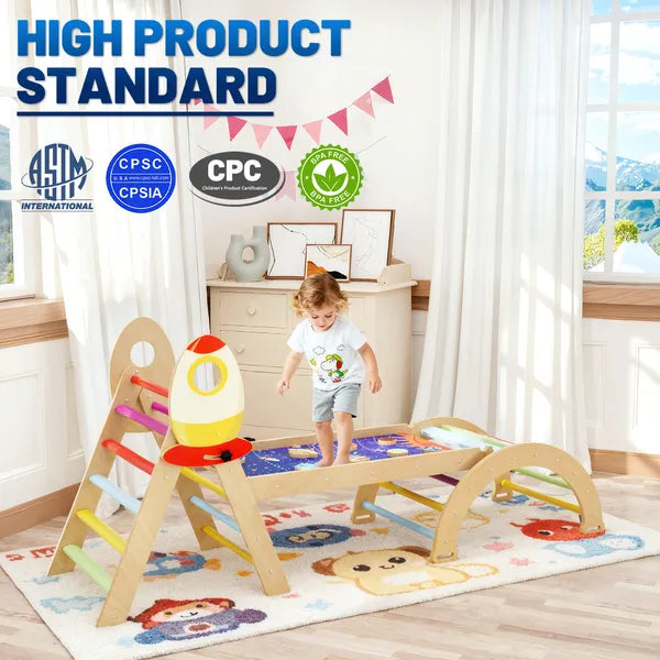 I YAN 7-in-1 foldable wooden baby climbing toy set with arch, triangle, pinball game, and seesaw for Montessori play.