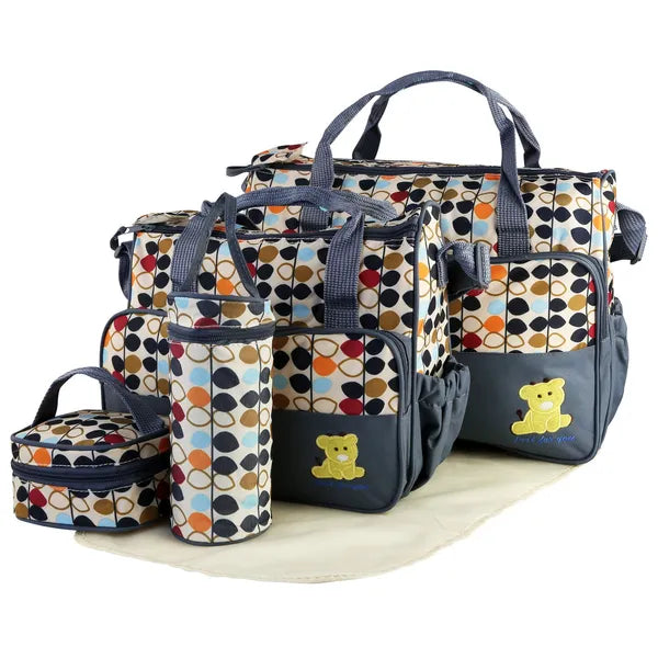 I YAN 5-piece baby diaper bag set with shoulder bags, changing pad, insulated pockets, and travel tote for moms and babies.