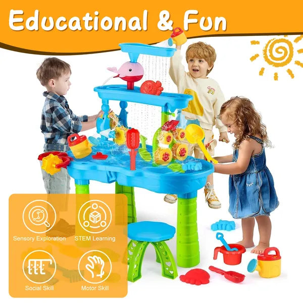 I YAN Kid Sand Water Table for toddlers, featuring rain showers and sensory play activities for children aged 3-6 years.