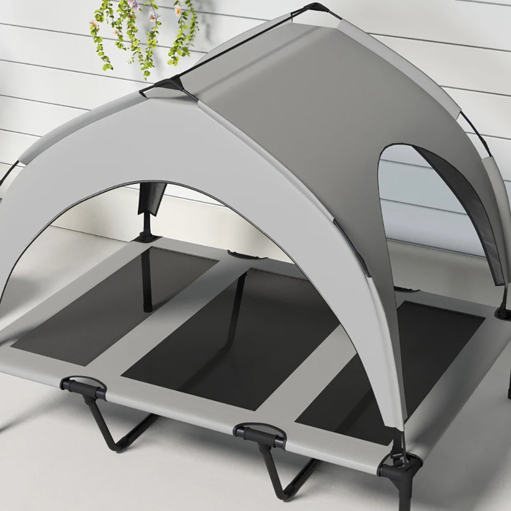 Elevated I YAN dog bed with canopy for large outdoor dogs, featuring a raised outdoor pet cot with breathable fabric and sturdy frame.