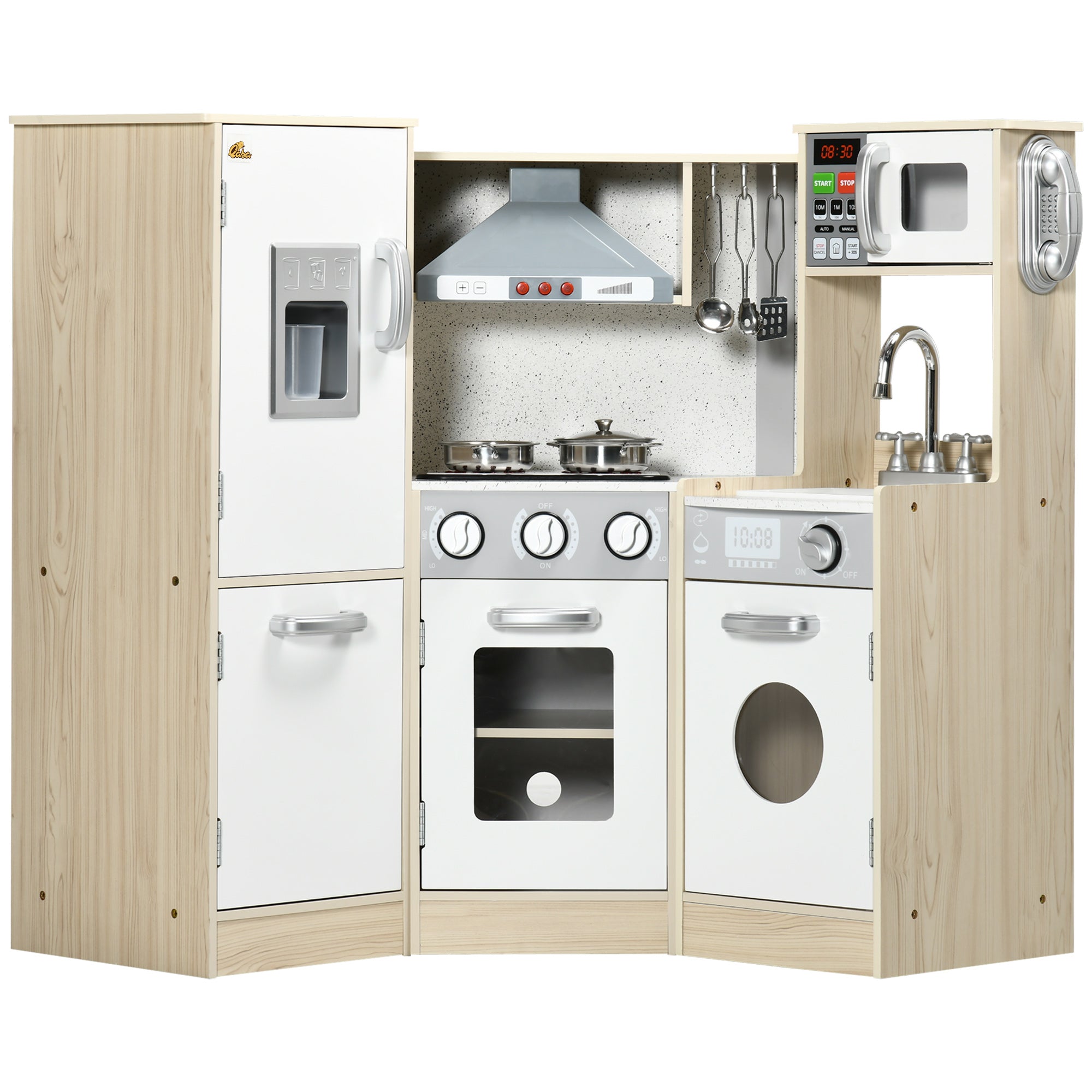 I YAN Ultra-Big Corner Kids Kitchen Playset with sound effects, wooden kitchen, stainless steel cookware, phone, and ice maker for ages 3-6.