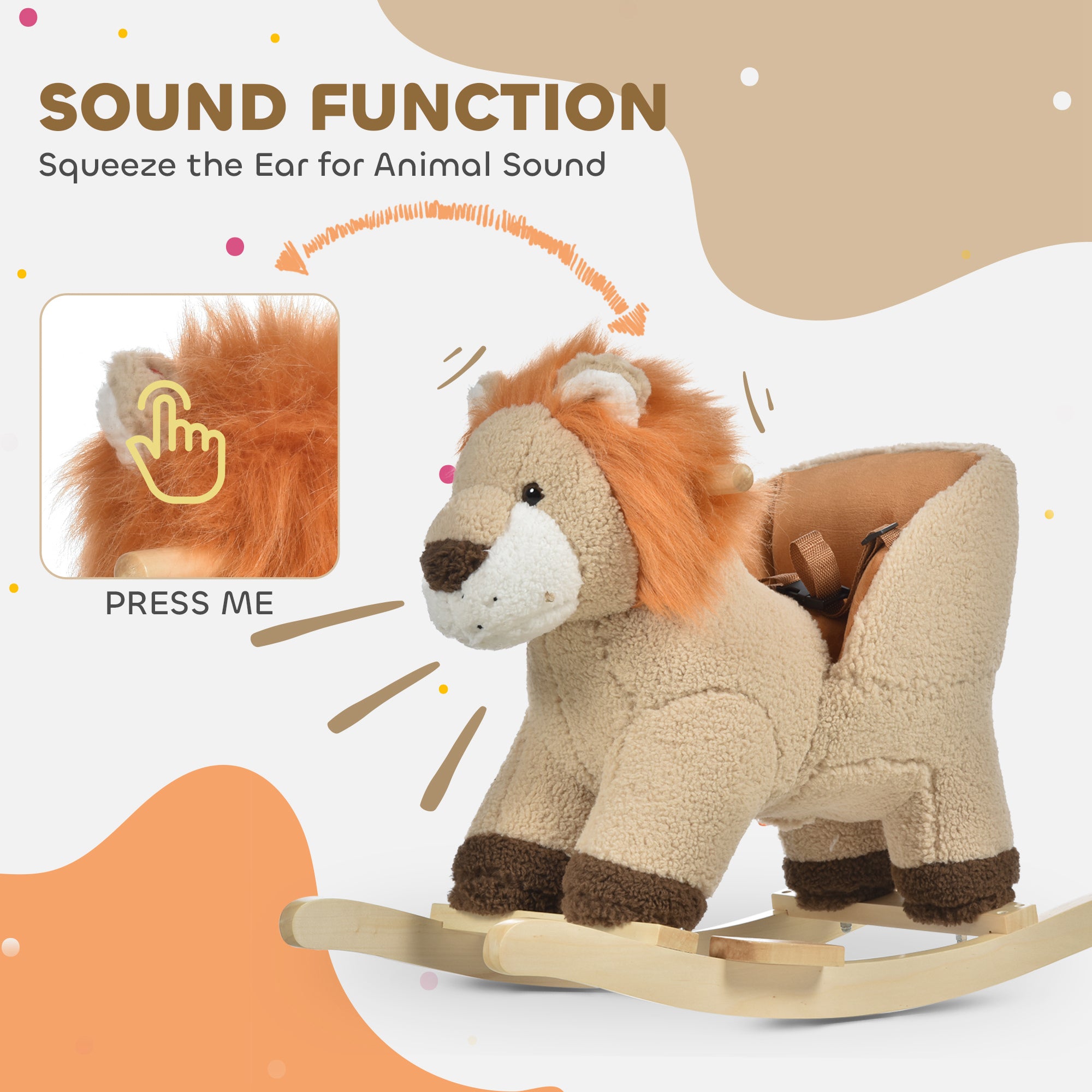 Plush baby rocking horse lion with sound, wooden toddler rocker for ages 18-36 months, by I YAN, featuring colorful lion design.