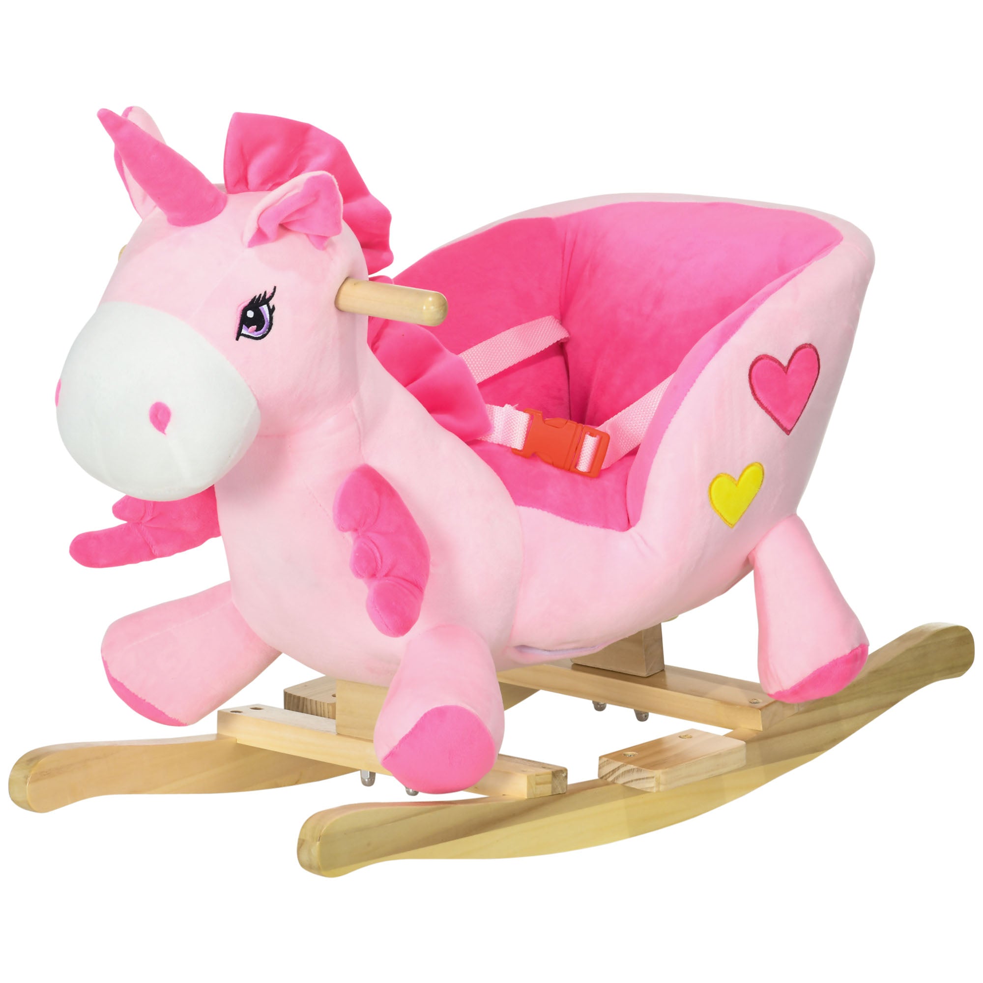 Pink baby rocking horse ride-on unicorn by I YAN with 32 songs and seatbelt, designed for young children.