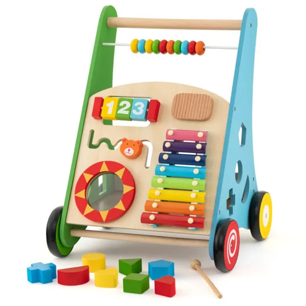 Wooden baby walker by I YAN with colorful xylophone, shape sorter, and mirror, designed for children 3+ years old.