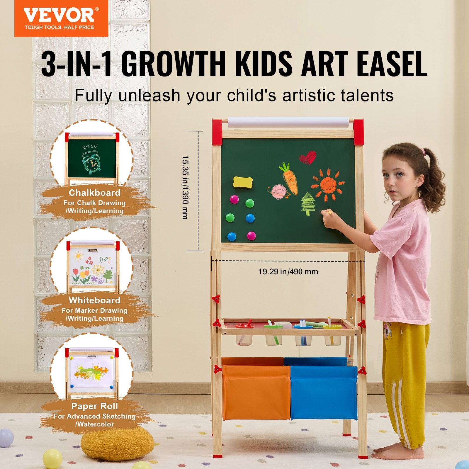 Kids art easel by I YAN with double-sided wooden magnetic whiteboard and chalkboard for creative drawing and learning activities.