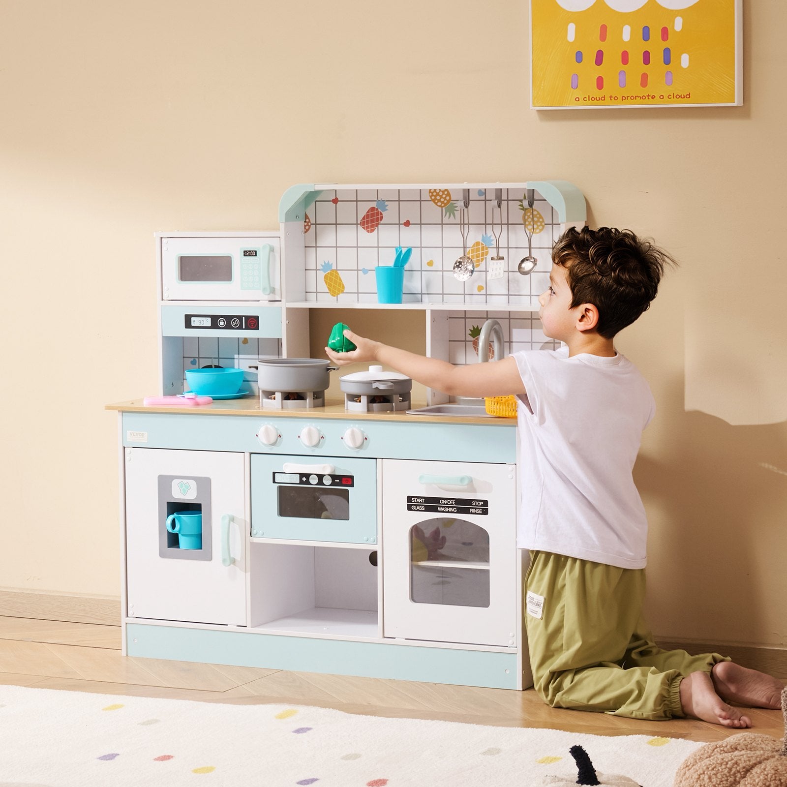 I YAN Christmas kitchen playset for kids with 24 pretend cooking accessories and white utensils, perfect for imaginative play.