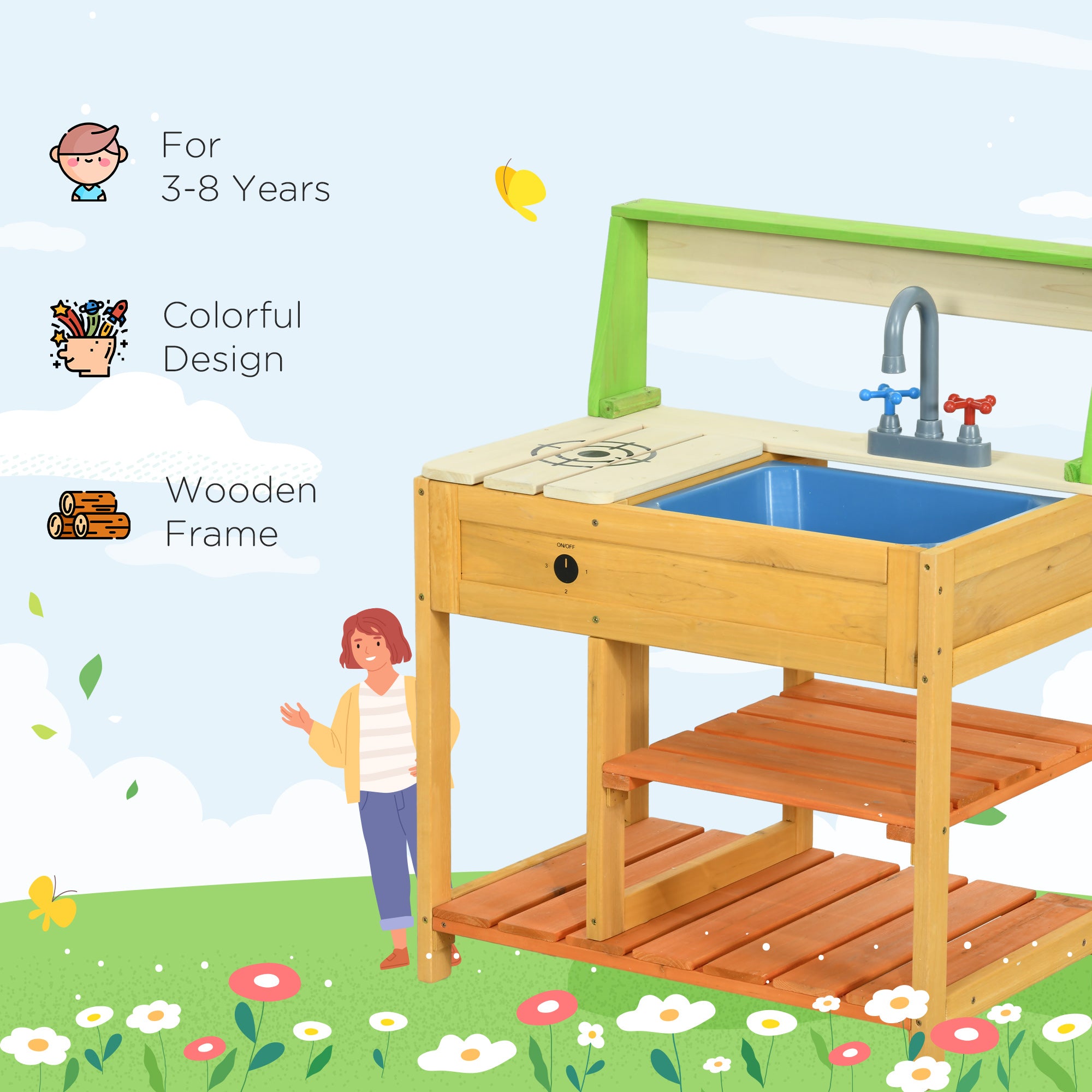 I YAN outdoor kids' mud kitchen playset with faucet sink, storage shelves, and realistic kitchen toys for children aged 3-8.