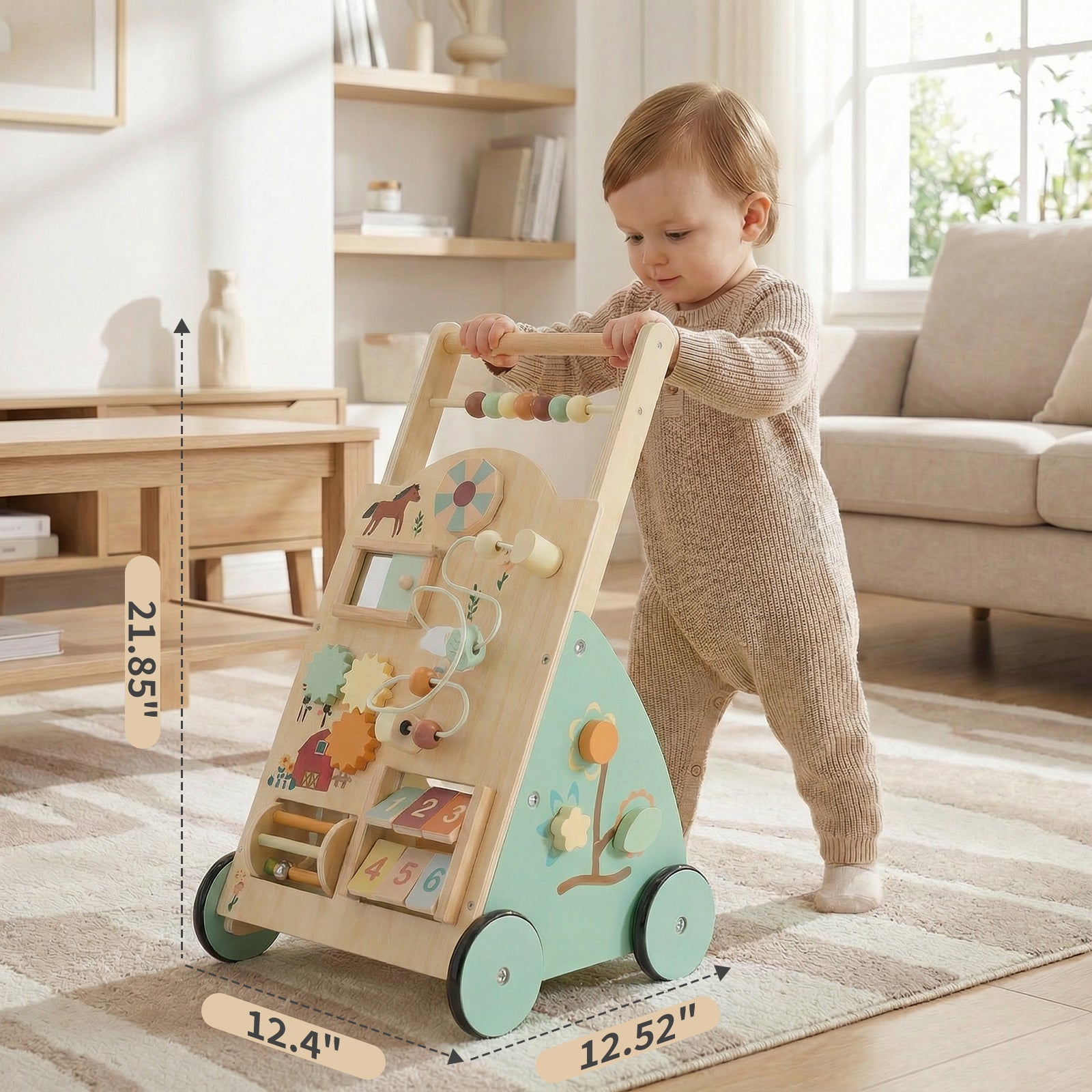 Wooden baby walker by I YAN with adjustable speed, silent wheels, and Montessori activity center for early walking development.