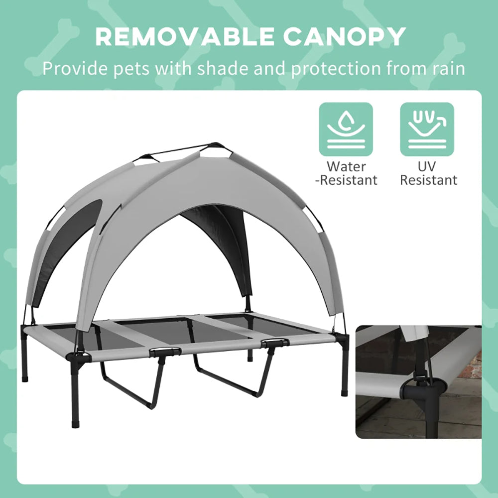 I YAN elevated dog bed with canopy, large outdoor pet cot, raised platform for comfortable outdoor lounging for big dogs