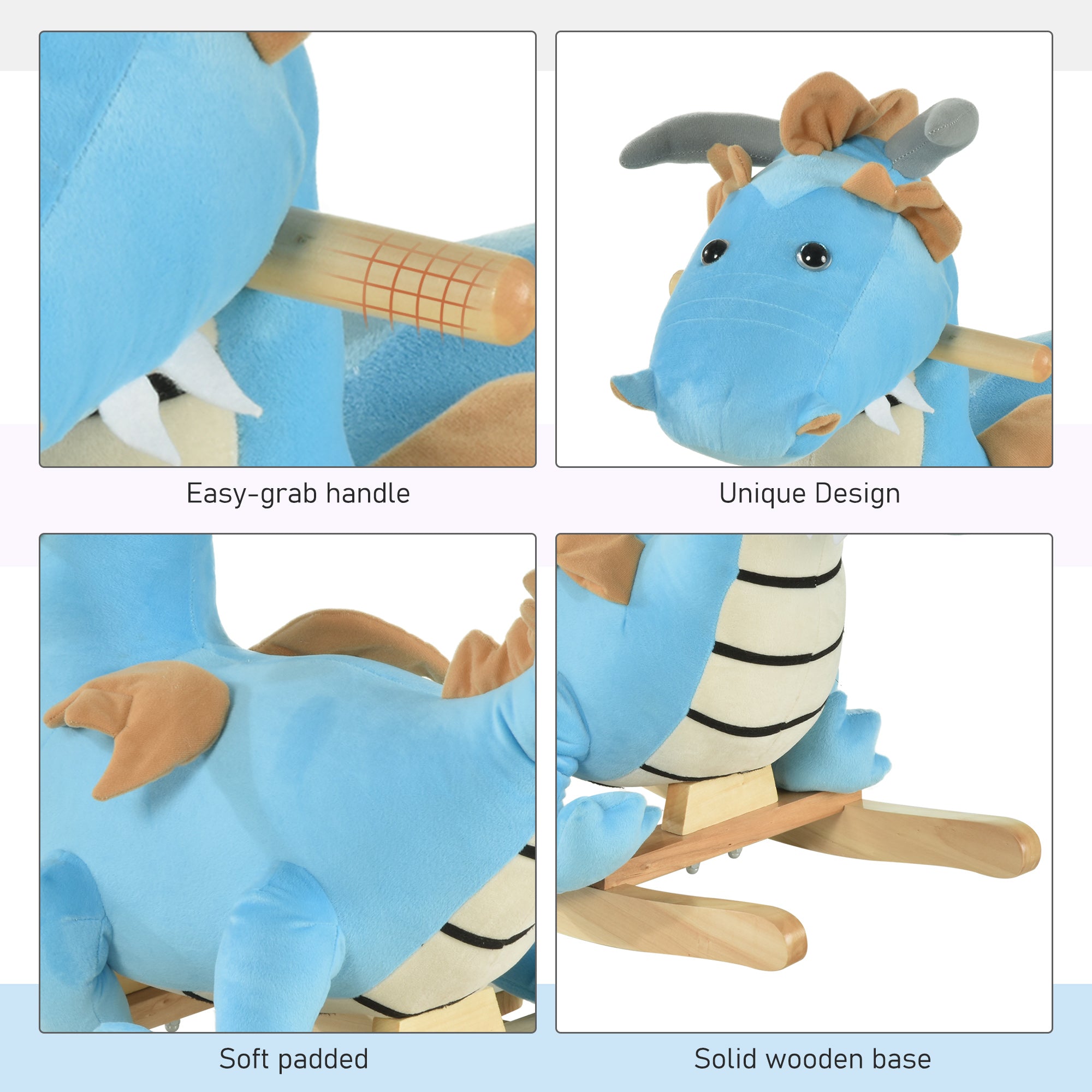 Blue wooden dinosaur rocking horse for toddlers, features realistic sounds, suitable for children aged 18-36 months by I YAN.