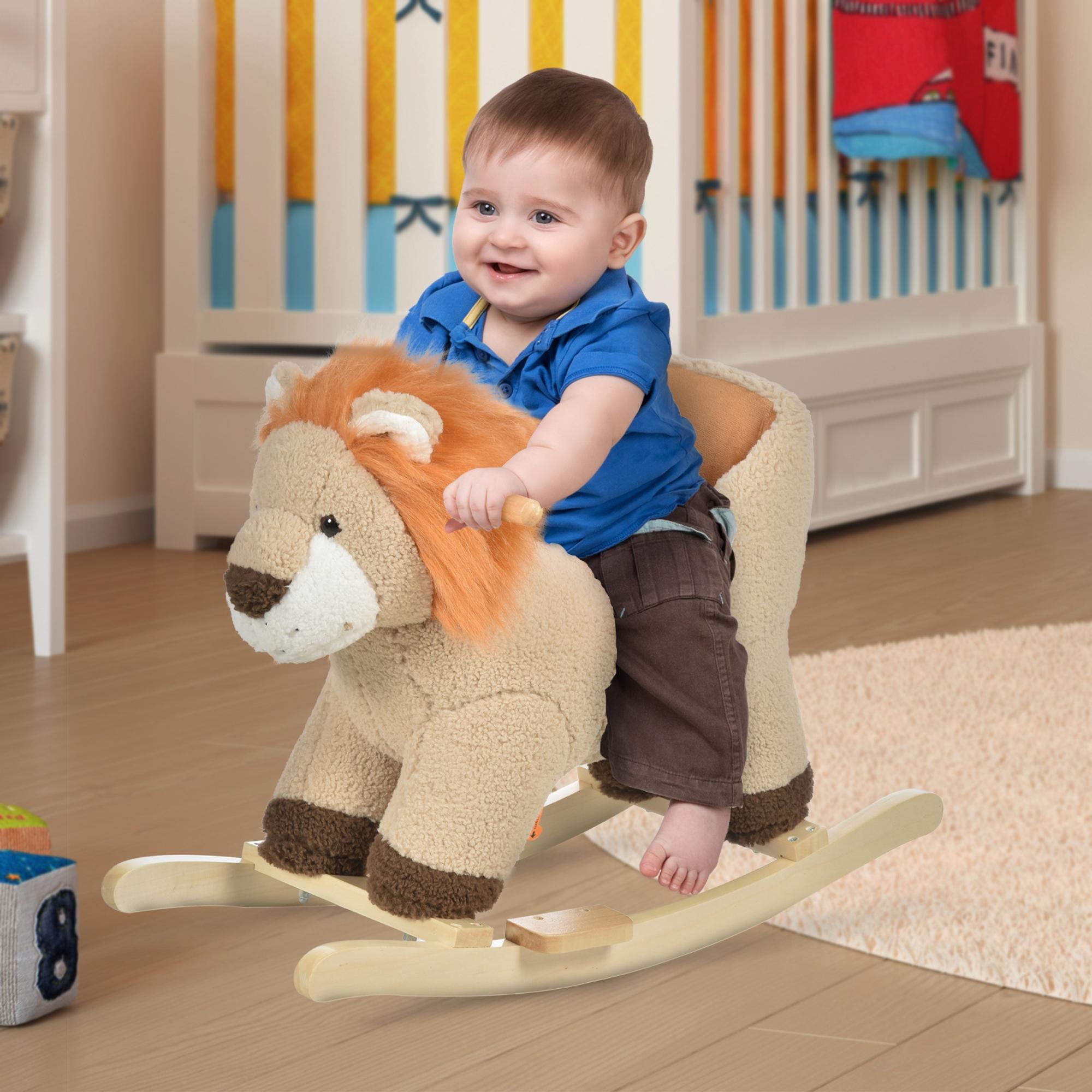 I YAN plush lion baby rocking horse with sound, wooden toddler rocker for children aged 18-36 months, soft stuffed animal toy.