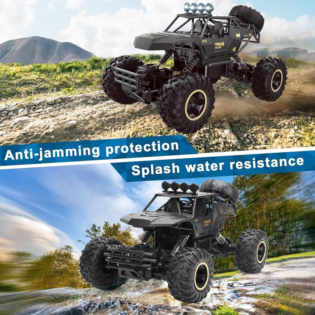 I YAN 4WD RC rock crawler truck with LED headlights and two batteries, showing rugged off-road tires and detailed body design.