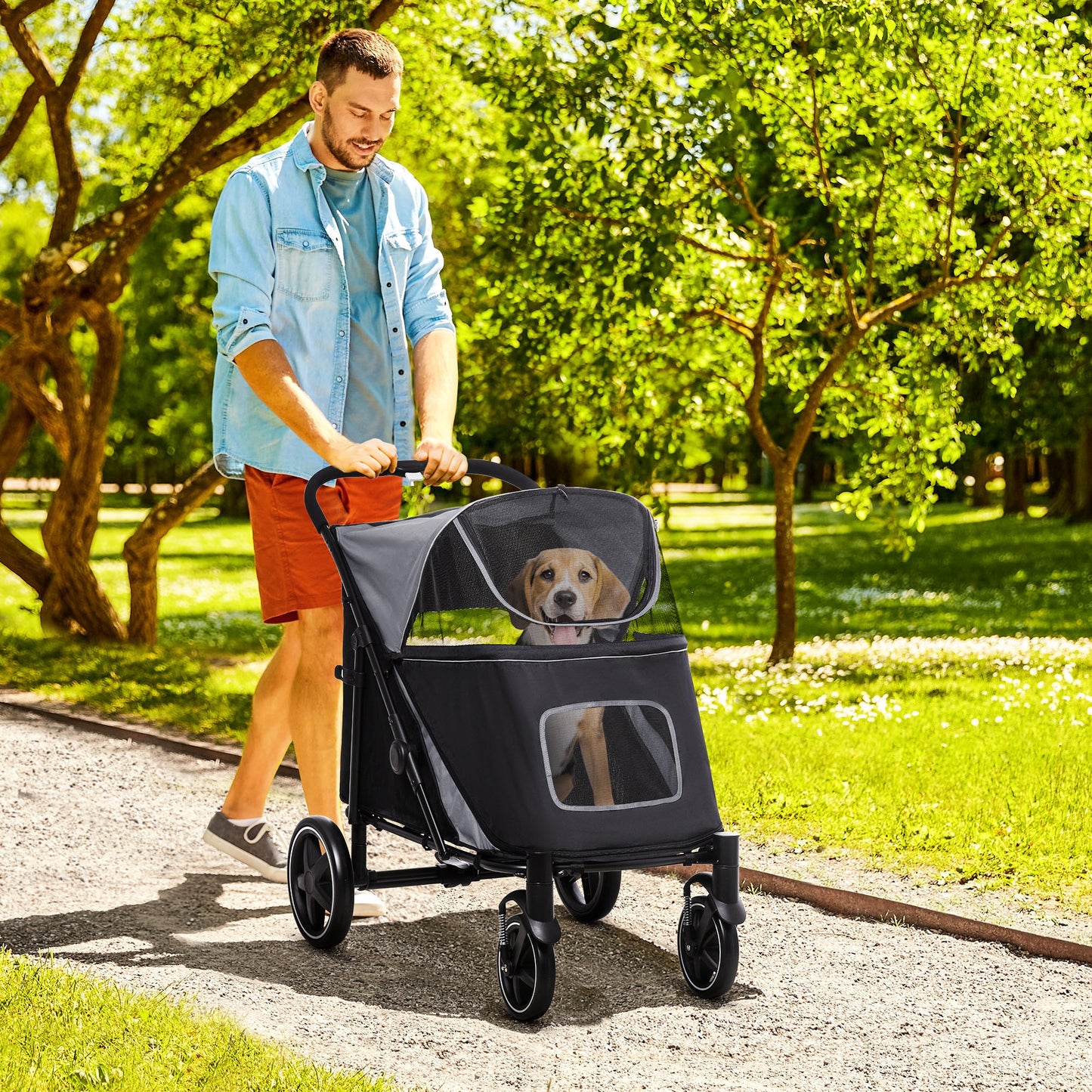 I YAN large dog stroller with mesh window, shock absorption wheels, and one-click fold for pets up to 66 lbs.