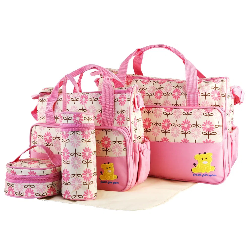 Set of five I YAN baby nappy diaper bags with shoulder straps, changing pad, insulated pockets, and travel tote design.