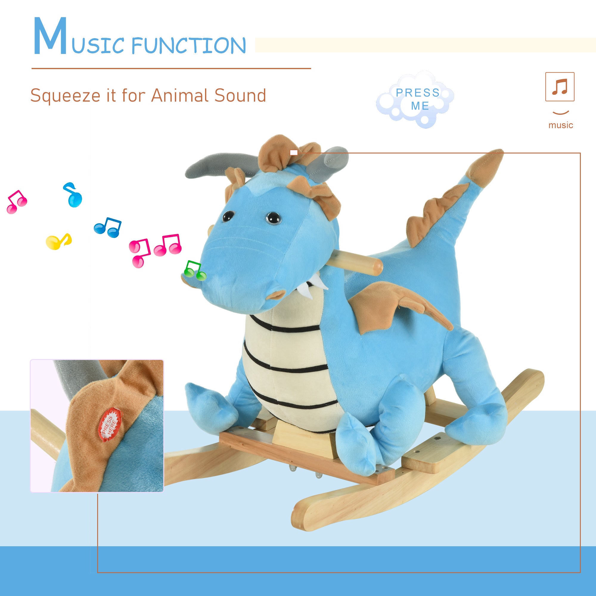 Blue wooden dinosaur rocking horse for toddlers, realistic sounds, prehistoric-themed ride-on toy for ages 18-36 months by I YAN.
