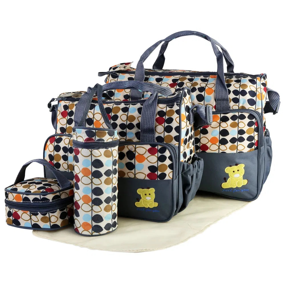 Set of five I YAN baby nappy diaper bags with shoulder straps, changing pad, insulated pockets, and travel tote design.